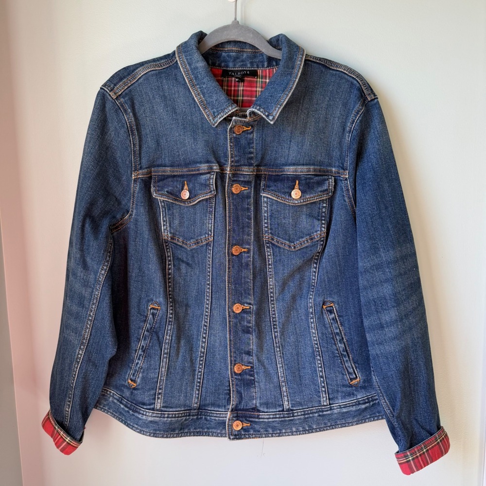 Talbots Denim Jean Jacket Blue Plaid Lined Cuffs Button Front Trucker Size 2X